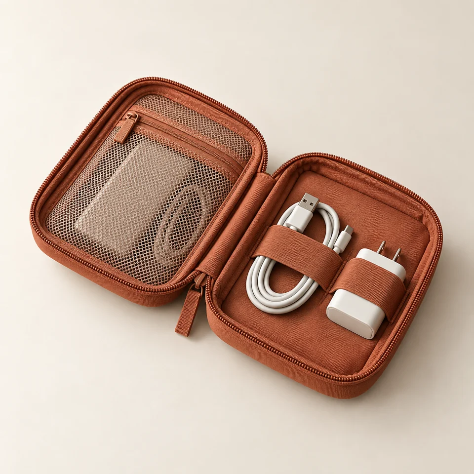 Open clay-colored Roam travel organizer with a mesh pocket, cable, and adapter.