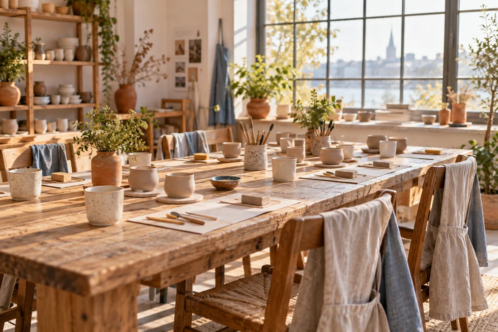 Hands shaping clay cups at a warmly lit pottery workshop table, with wooden tools and unfinished ceramics.